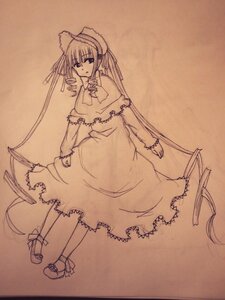 Rating: Safe Score: 0 Tags: 1girl brown_theme dress full_body hat image long_hair looking_at_viewer monochrome photo shinku simple_background solo standing twintails very_long_hair User: admin