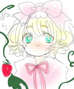 Rating: Safe Score: 0 Tags: 1girl :3 blonde_hair blush bow closed_mouth flower food fruit hinaichigo image looking_at_viewer musical_note pink_bow solo strawberry User: admin