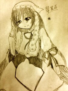 Rating: Safe Score: 0 Tags: 1girl closed_mouth eyebrows_visible_through_hair frills hat image long_hair long_sleeves looking_at_viewer monochrome ribbon simple_background smile solo suiseiseki traditional_media very_long_hair User: admin