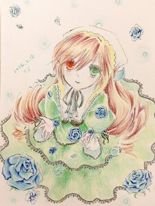 Rating: Safe Score: 0 Tags: 1girl blue_flower blue_rose dress flower green_eyes heterochromia image long_hair long_sleeves looking_at_viewer red_eyes ribbon rose smile solo suiseiseki traditional_media upper_body watercolor_(medium) User: admin