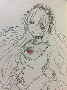 Rating: Safe Score: 0 Tags: 1girl bangs dress eyebrows_visible_through_hair frills hairband image long_sleeves looking_at_viewer monochrome ribbon short_hair sketch solo suigintou traditional_media wings User: admin