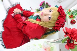 Rating: Safe Score: 0 Tags: 1girl blonde_hair blue_eyes bonnet capelet dress flower frills lips long_hair looking_at_viewer pantyhose realistic red_dress red_flower red_rose rose shinku sitting solo User: admin