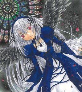 Rating: Safe Score: 0 Tags: 1girl black_ribbon black_wings dress feathered_wings feathers flower frills hairband image long_hair long_sleeves looking_at_viewer petals red_eyes ribbon rose rose_petals silver_hair solo suigintou traditional_media wings User: admin