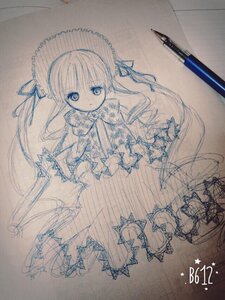 Rating: Safe Score: 0 Tags: 1girl bonnet dress full_body hat image long_hair long_sleeves looking_at_viewer monochrome photo shinku sketch solo standing traditional_media very_long_hair User: admin