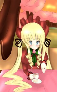 Rating: Safe Score: 0 Tags: 1girl blonde_hair blue_eyes blush bonnet bowtie cup dress flower image long_hair long_sleeves looking_at_viewer pink_rose rose saucer shinku sitting solo table tea teacup twintails User: admin