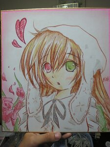 Rating: Safe Score: 0 Tags: 1girl blood flower green_eyes heart heterochromia image looking_at_viewer marker_(medium) photo red_eyes rose shikishi solo souseiseki suiseiseki traditional_media User: admin
