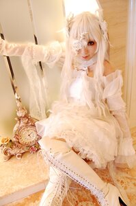 Rating: Safe Score: 0 Tags: 1girl boots dress flower frills gloves high_heels kirakishou lace long_hair sitting solo white_dress white_footwear white_hair User: admin