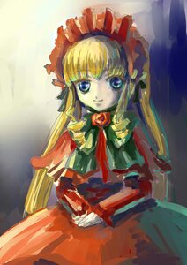 Rating: Safe Score: 0 Tags: 1girl bangs blonde_hair blue_eyes bonnet bow bowtie dress flower green_bow image long_hair long_sleeves looking_at_viewer rose shinku sitting solo twintails very_long_hair User: admin