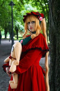 Rating: Safe Score: 0 Tags: 1girl blonde_hair bonnet day dress forest hat lips long_hair nature outdoors realistic red_dress shinku solo stuffed_animal twintails User: admin