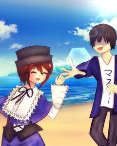Rating: Safe Score: 0 Tags: 1boy 1girl :d beach blue_sky brown_hair closed_eyes cloud day dress hat image long_sleeves ocean open_mouth outdoors short_hair siblings sky smile solo souseiseki water User: admin