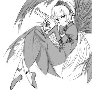 Rating: Safe Score: 0 Tags: 1girl dress frills full_body greyscale hairband high_heels holding holding_weapon image long_hair long_sleeves looking_at_viewer monochrome shoes solo suigintou weapon wings User: admin