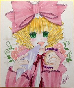 Rating: Safe Score: 0 Tags: 1girl blonde_hair bow drill_hair flower food frills green_eyes hair_bow hina_ichigo hinaichigo image long_sleeves looking_at_viewer marker_(medium) open_mouth pink_bow pink_rose red_flower red_rose rose shikishi short_hair signature smile solo traditional_media upper_body User: admin