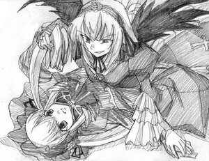 Rating: Safe Score: 0 Tags: 2girls black_wings bow dress frills greyscale image long_hair long_sleeves looking_at_viewer monochrome multiple_girls pair shinku simple_background smile suigintou traditional_media very_long_hair white_background wings User: admin