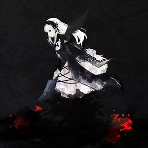 Rating: Safe Score: 0 Tags: 1girl black_background black_dress black_wings blood blood_splatter boots dress feathers flower frills full_body gothic_lolita hairband holding image juliet_sleeves lolita_fashion long_hair long_sleeves red_eyes ribbon rose solo suigintou wings User: admin