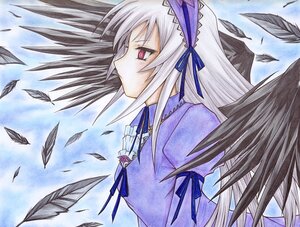 Rating: Safe Score: 0 Tags: 1girl black_feathers black_wings blue_ribbon dress feathered_wings feathers frills from_side hairband image long_hair long_sleeves profile puffy_sleeves red_eyes ribbon silver_hair solo suigintou traditional_media upper_body wind wings User: admin