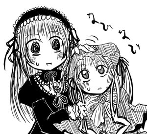 Rating: Safe Score: 0 Tags: 2girls ? blush dress eighth_note greyscale hairband image lolita_hairband long_hair long_sleeves looking_at_viewer monochrome multiple_girls musical_note pair ribbon shinku simple_background spoken_musical_note suigintou upper_body white_background User: admin