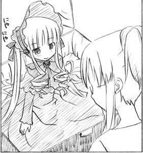 Rating: Safe Score: 0 Tags: 1girl blush bowtie dress greyscale image long_hair long_sleeves looking_at_viewer monochrome shinku sidelocks simple_background smile solo very_long_hair white_background User: admin