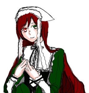 Rating: Safe Score: 0 Tags: 1girl braid closed_mouth dress frills green_dress green_eyes head_scarf heterochromia image long_hair long_sleeves looking_at_viewer own_hands_together red_eyes simple_background solo suiseiseki upper_body white_background User: admin