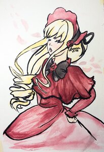 Rating: Safe Score: 0 Tags: 1girl blonde_hair bonnet bow bowtie capelet closed_eyes dress flower image long_hair long_sleeves open_mouth red_dress rose shinku sidelocks solo traditional_media User: admin