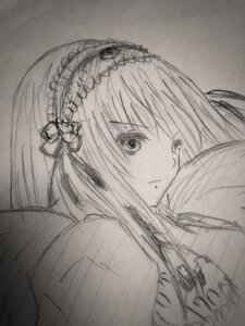 Rating: Safe Score: 0 Tags: 1girl bangs closed_mouth eyebrows_visible_through_hair hairband image long_hair looking_at_viewer monochrome simple_background sketch solo suigintou traditional_media upper_body User: admin