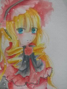 Rating: Safe Score: 0 Tags: 1girl blonde_hair blue_eyes blush bow dress drill_hair flower frills image long_hair long_sleeves looking_at_viewer marker_(medium) rose shinku simple_background solo traditional_media twin_drills upper_body User: admin