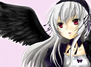 Rating: Safe Score: 0 Tags: 1girl black_wings collarbone dress feathered_wings frills hairband image long_hair long_sleeves looking_at_viewer pink_background red_eyes silver_hair solo suigintou upper_body wings User: admin