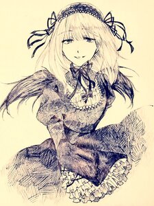 Rating: Safe Score: 0 Tags: 1girl blonde_hair dress frills gothic_lolita hairband image lolita_fashion lolita_hairband long_hair long_sleeves looking_at_viewer ribbon simple_background smile solo suigintou traditional_media User: admin