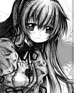 Rating: Safe Score: 0 Tags: 1girl blush greyscale heart image long_hair looking_at_viewer monochrome smile solo suigintou User: admin