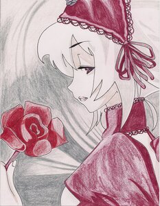 Rating: Safe Score: 0 Tags: 1girl bow flower holding_flower image pale_skin profile red_flower red_rose ribbon rose smile solo suigintou traditional_media User: admin