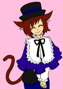 Rating: Safe Score: 0 Tags: 1girl brown_hair capelet cat_tail closed_eyes hat image long_sleeves pink_background ribbon short_hair simple_background smile solo souseiseki tail top_hat User: admin