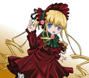 Rating: Safe Score: 0 Tags: 1girl :d blonde_hair blue_eyes blush bonnet bow bowtie capelet dress drill_hair flower green_bow green_neckwear image long_hair long_sleeves looking_at_viewer open_mouth pink_flower pink_rose red_dress ringlets rose shinku sidelocks solo twin_drills twintails User: admin