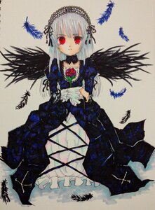 Rating: Safe Score: 0 Tags: 1girl black_wings dress feathers flower frills hairband image long_hair long_sleeves looking_at_viewer red_eyes rose silver_hair solo suigintou traditional_media wings User: admin