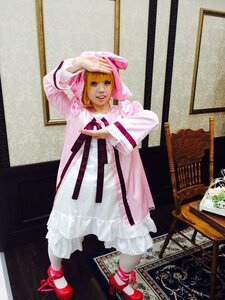 Rating: Safe Score: 0 Tags: 1girl bangs blonde_hair dress full_body hinaichigo hood indoors photo red_footwear shoes smile solo standing white_dress User: admin