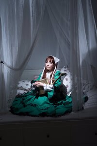 Rating: Safe Score: 0 Tags: 1girl brown_hair curtains dress green_dress indoors long_hair long_sleeves sitting solo suiseiseki User: admin