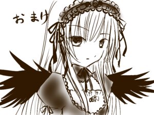 Rating: Safe Score: 0 Tags: 1girl black_wings blush detached_collar dress eyebrows_visible_through_hair feathered_wings hairband image long_hair long_sleeves looking_at_viewer monochrome ribbon simple_background solo suigintou upper_body white_background wings User: admin