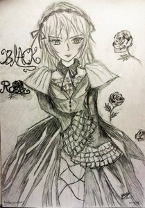 Rating: Safe Score: 0 Tags: 1girl dress flower greyscale hairband image long_hair long_sleeves looking_at_viewer monochrome rose solo suigintou traditional_media very_long_hair User: admin