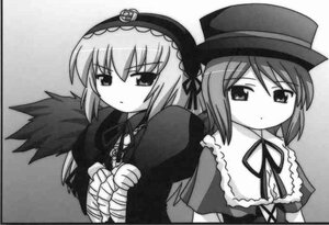 Rating: Safe Score: 0 Tags: 2girls dress frills greyscale hairband hat image long_sleeves looking_at_viewer monochrome multiple_girls pair ribbon short_hair siblings simple_background sisters souseiseki suigintou top_hat upper_body white_background wings User: admin