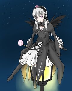 Rating: Safe Score: 0 Tags: 1girl auto_tagged black_wings candy dress flower food hairband image lollipop long_hair long_sleeves night silver_hair sky solo star_(sky) suigintou wings User: admin
