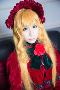 Rating: Safe Score: 0 Tags: 1girl bangs blonde_hair blue_eyes blurry bonnet bow eyelashes flower lips long_hair looking_at_viewer photo red_dress red_flower red_rose rose shinku smile solo upper_body User: admin