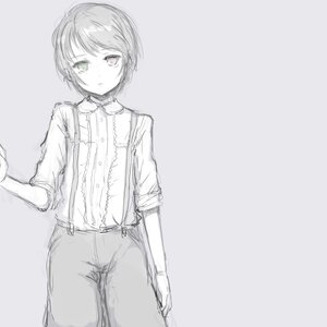 Rating: Safe Score: 0 Tags: 1boy 1girl bangs closed_mouth cowboy_shot grey_background image long_sleeves looking_at_viewer monochrome pants shirt short_hair sketch solo souseiseki standing suspenders User: admin