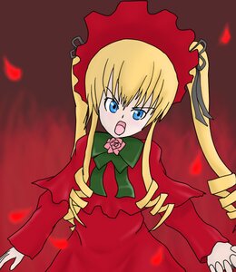 Rating: Safe Score: 0 Tags: 1girl blonde_hair blue_eyes bonnet bow bowtie dress drill_hair flower green_bow image long_hair long_sleeves open_mouth petals red_dress rose rose_petals shinku sidelocks simple_background solo User: admin