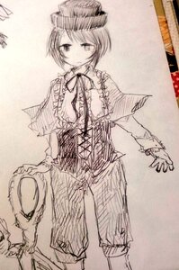 Rating: Safe Score: 0 Tags: 1girl capelet frills hat image long_sleeves looking_at_viewer monochrome short_hair skirt solo souseiseki standing traditional_media User: admin