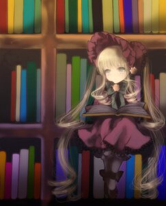 Rating: Safe Score: 0 Tags: 1girl blonde_hair blue_eyes book book_stack bookshelf bow dress full_body image library long_hair long_sleeves looking_at_viewer open_book shinku sitting solo very_long_hair User: admin