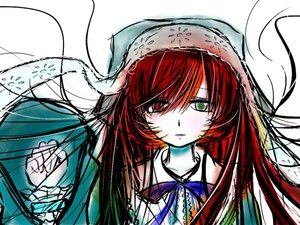 Rating: Safe Score: 0 Tags: 1girl blue_ribbon green_eyes hair_over_one_eye image long_hair looking_at_viewer red_hair ribbon simple_background solo suiseiseki white_background User: admin