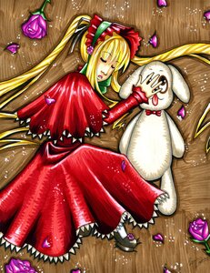 Rating: Safe Score: 0 Tags: 1girl blonde_hair bonnet closed_eyes doll dress flower heart image long_hair lying on_side petals pink_rose red_dress rose shinku sleeping solo stuffed_animal twintails very_long_hair User: admin
