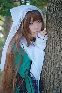 Rating: Safe Score: 0 Tags: 1girl bangs blue_eyes blurry blurry_background brown_hair closed_mouth day depth_of_field dress green_dress lips long_hair long_sleeves looking_at_viewer outdoors red_eyes solo suiseiseki tree veil User: admin