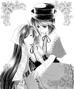 Rating: Safe Score: 0 Tags: 2girls closed_eyes dress frills greyscale hat image long_hair long_sleeves monochrome multiple_girls pair ribbon short_hair siblings sisters souseiseki suiseiseki top_hat twins very_long_hair User: admin