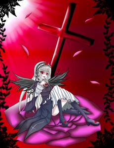 Rating: Safe Score: 0 Tags: 1girl black_wings dress flower frills hairband image long_hair long_sleeves looking_at_viewer petals red_eyes rose silver_hair sitting solo suigintou wings User: admin