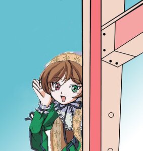 Rating: Safe Score: 0 Tags: 1girl :d bangs brown_hair dress eyebrows_visible_through_hair frills green_dress green_eyes head_scarf heterochromia image long_sleeves looking_at_viewer open_mouth red_eyes smile solo suiseiseki User: admin