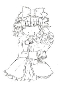 Rating: Safe Score: 0 Tags: 1girl blush bouquet bow closed_eyes dress drill_hair flower greyscale hair_bow hinaichigo holding_bouquet image monochrome open_mouth rose smile solo User: admin